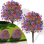 Alupssuc 2Pcs 20" Artificial Topiary Ball Flowers, Spring Outdoor Decoration with Spike, UV Resistant Faux Summer Plants, Faux Bushes Plants, Red Brown Purple Deep Purple for Garden, Porch Decor