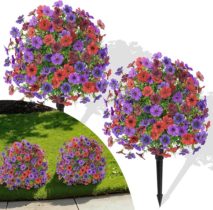Alupssuc 2Pcs 20" Artificial Topiary Ball Flowers, Spring Outdoor Decoration with Spike, UV Resistant Faux Summer Plants, Faux Bushes Plants, Red Brown Purple Deep Purple for Garden, Porch Decor
