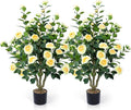 Artificial Camellia Tree 2 Pack 42" Faux Camellia Plant in Pot with 32 Blooming Flowers Fake Flower Tree Greenery Potted Plant for Indoor Outdoor Office Home Porch Decor Yellow