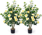 Artificial Camellia Tree 2 Pack 42" Faux Camellia Plant in Pot with 32 Blooming Flowers Fake Flower Tree Greenery Potted Plant for Indoor Outdoor Office Home Porch Decor Yellow