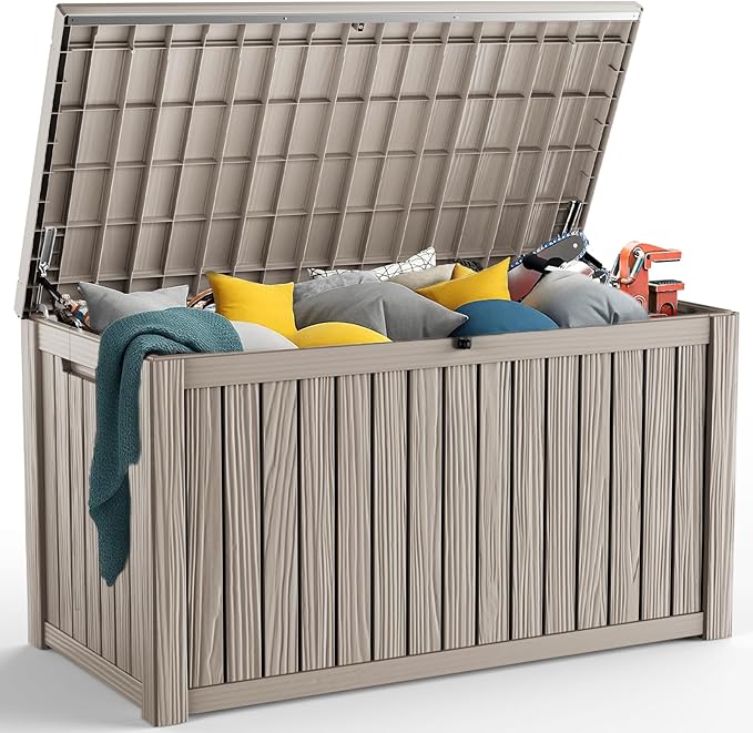 PatioZen 200 Gallon Resin Deck Box, Lockable Patio Outdoor Storage Box for Furniture, Garden Tools and Tools Storage, Waterproof Outside Storage Boxes - Grey