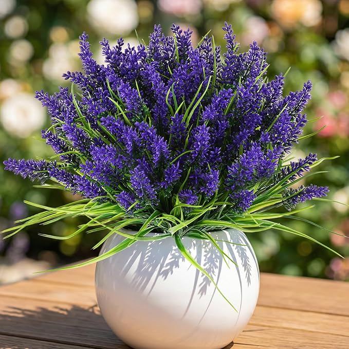 CEWOR 24 Bundles Artificial Plants Outdoor Fake Monkey Grass with Lavender Flowers Grass UV Resistant Faux Plants for Garden Porch Window Patio Planter Pathway