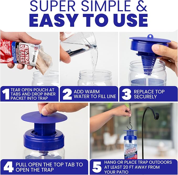2 Fly Traps Outdoor Fly Trap for Patio with 4 Non-Toxic Dissolvable Bait Refills and 12 Sticky Ribbons. Reusable Hanging Bug Catcher Killer for All Filth Flies for Outside Bug Control Yard Ranch