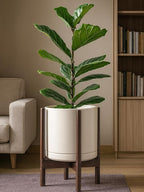 D'vine Dev Ceramic Planter with Walnut Color Stand - 12 Inch Modern Round Flower Pot with Wood Planter Holder, Oatmeal, 55-B-W-8