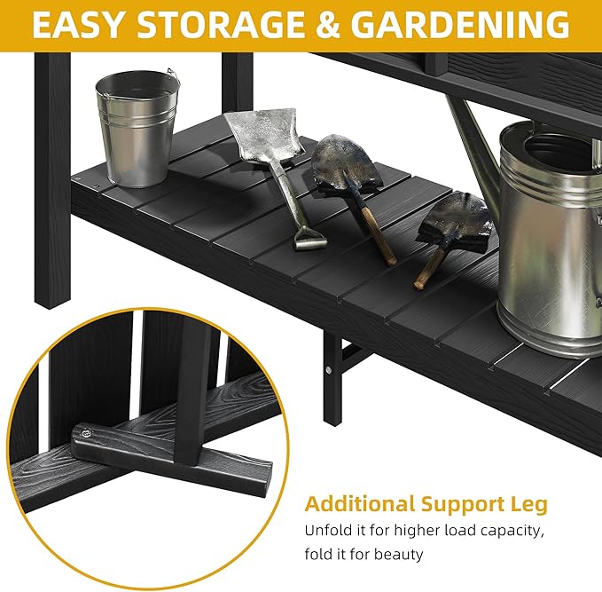 DWVO 48x18x30in Raised Garden Bed Kit, HDPE Planter Box Stand, Poly Wood Weather-Resistant Planter Box with Legs & Storage Shelf, Elevated Garden Bed for Backyard, Patio, Balcony,Black