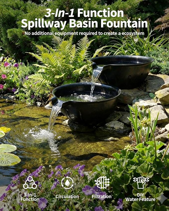 POPOSOAP Spillway Bowl and Basin Fountain Kit, Spillway Bowl Fountain with Pond Pump for Formal Waterfall Spillways, Water Gardens Basin Kit For Indoor/Outdoor DIY Water Feature Pond Garden-P721