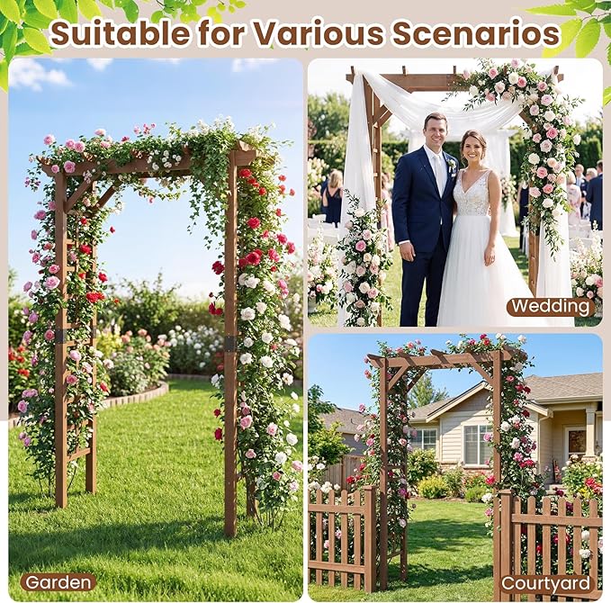Giantex 7FT Wood Garden Arbor Trellis, Wooden Wedding Arch for Ceremony Party, Outdoor Archway Pergola for Climbing Plants, Pathway, Yard, Garden Decor, Easy Assembly (Dark Brown, 55''W x 85''H)