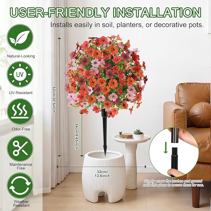 Alupssuc 2Pcs 20" Artificial Topiary Ball Flowers for Outdoors Planters, Spring Decoration with Spike, UV Resistant Faux Summer Plants, Fake Bushes Indoor Decor, Mix 4 Colors for Garden, Porch & Patio