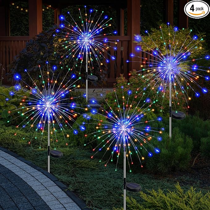 btfarm 4 Pack 120 LED Solar Garden Lights Outdoor, 8 Modes Firework Lights Solar Powered, Waterproof Twinkle Fairy Light Outside for Yard Patio Pathway Pool Christmas Party Decorative, Multicolor