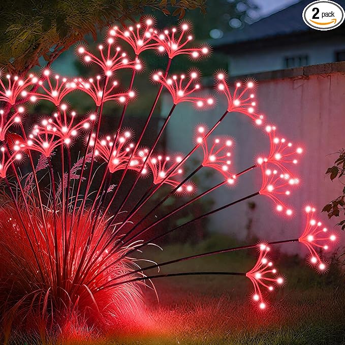 JJGoo Solar Garden Lights, New Upgraded 2 Pack Solar Swaying Starburst Light, Waterproof Fireworks Outdoor Lights, Yard Patio Pathway Decoration, Red