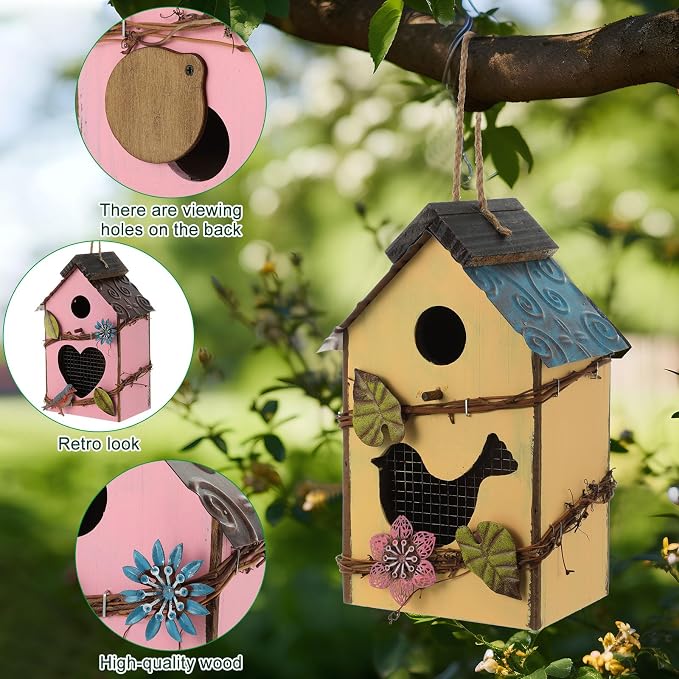 DoubleFill 2 Pcs Birdhouses for Outdoor Hanging Yard Outside Wooden Birdhouse Hand Painted Bird Box for Bird Lovers Bluebird Tree Garden Decor Decorative Birdhouse(Pink,Yellow,Iron Roof)