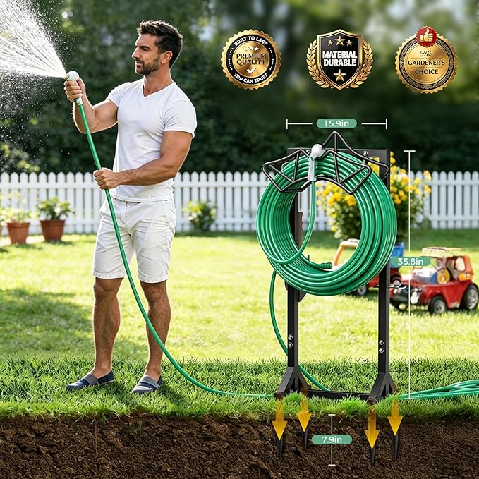 Garden Hose Holder Holds 160Ft Hoses, Heavy-Duty Freestanding Water Hose Stand with 2 Tool Hooks, Rustproof Hose Rack with 4 Spikes Hose Hanger Storage for Outside, Yard, Lawn