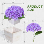Artificial Hydrangea Flowers Arrangement in Wood Planter, 4PCS Fake Purple Flowers in Wooden Vase Potted Floral Centerpieces for Tables Living Room Home Office Room Shelf Kitchen Decor