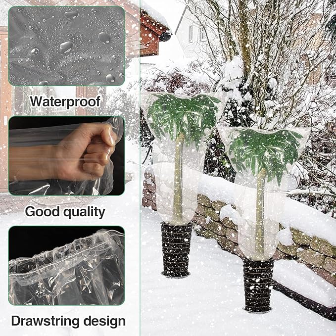 ANPHSIN 6 Pcs Winter Plant Film Cover with Drawstring - 35" x 59" Plastic Plant Cover Freeze Protection Transparent Waterproof Plant Shelter Bag for Outdoors Garden Plants Shrubs Sapling Crops