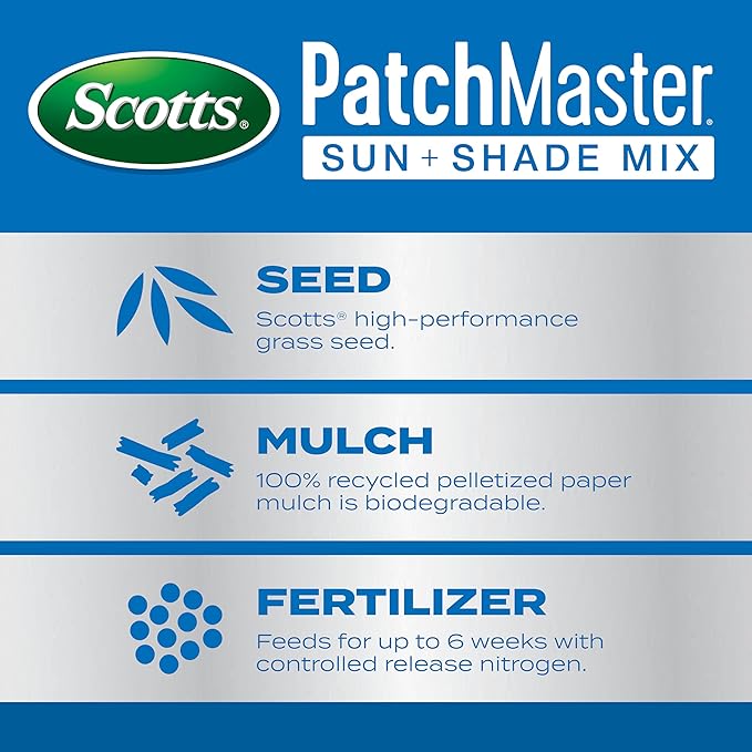 Scotts PatchMaster Lawn Repair Mix Sun + Shade Mix - Combination Grass Seed, Grass Fertilizer, and Mulch, Lawn Patch Repair, 10 lb.