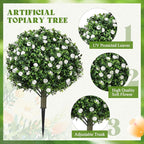 Lunmon 2 Pack 24" Artificial Topiary Ball Plants Trees with Flowers, Outdoor Fake Topiary Plants with Ground Spike, UV Resistant Faux Bushes for Indoor Outdoor Front Door Decor (White,Rose)
