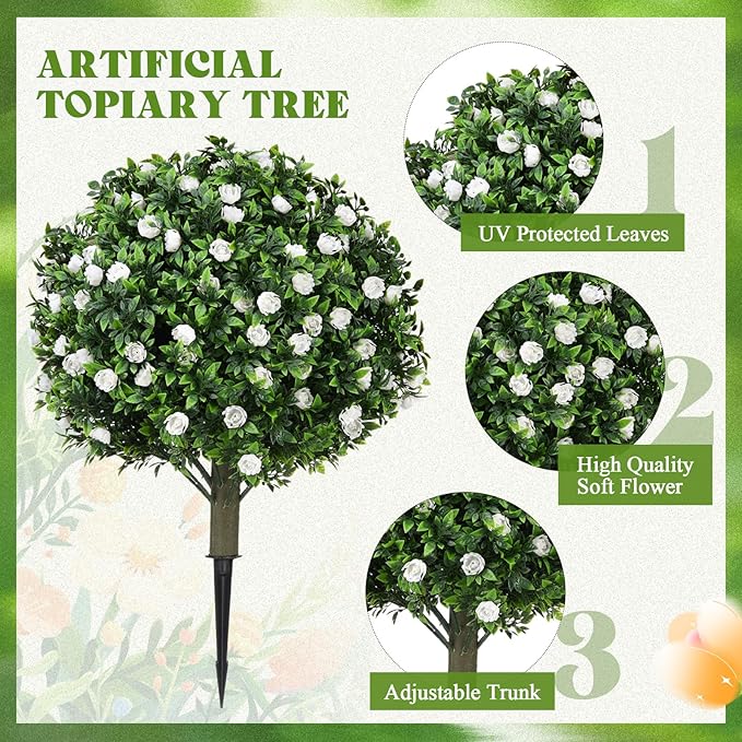 Lunmon 2 Pack 24" Artificial Topiary Ball Plants Trees with Flowers, Outdoor Fake Topiary Plants with Ground Spike, UV Resistant Faux Bushes for Indoor Outdoor Front Door Decor (White,Rose)
