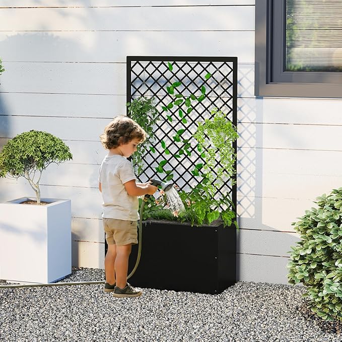 MOTION Outdoor Raised Garden Bed with Trellis - Free Standing Planter for Hanging Flower Baskets Lattice Planter Boxes, Black