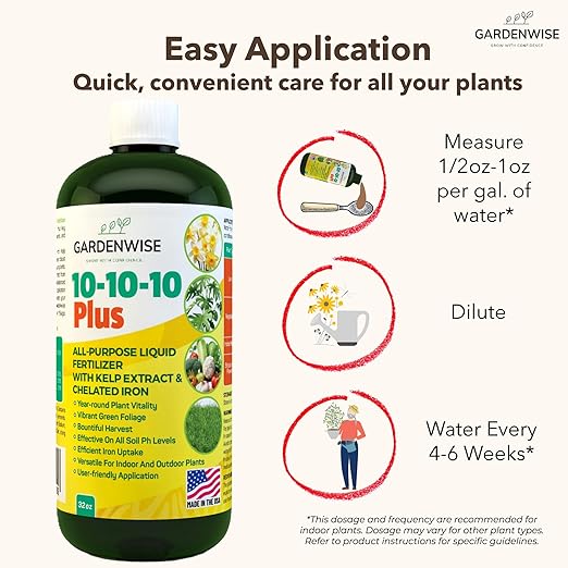 GARDENWISE 10-10-10 All Purpose Plant Food - Liquid Fertilizer with Seaweed Kelp & Iron - Indoor & Outdoor Plant Food, Vegetables, Flowers, Lawn & Garden 1x32oz