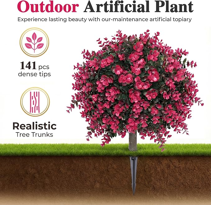 PATIO CHOICE Topiary Trees Artificial Outdoor Boxwood Ball Trees with Ground Spike Set of 2 22" Fake Outdoor Plants Faux Bushes and Shrubs Decorations for Outdoor Indoor Front Porch Garden