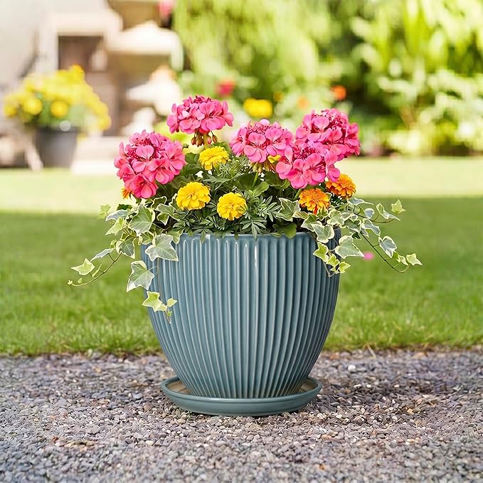 10 Inch Plant Pot, Ceramic Flower Pots with Drainage Hole and Saucer, Round Modern Planters for Indoor Plants, Decorative Plant Pots, Home Patio Decor, Plant Lover Gifts, Glaze Blue