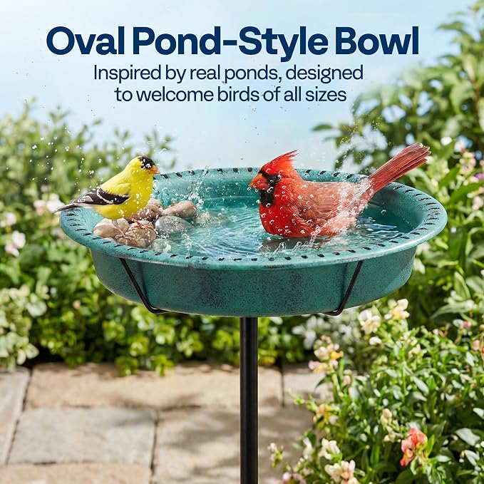VIVOHOME Oval Bird Bath for Outside, Outdoor Birdbath Bowl with Metal Ground Stake, Weather-Resistant ABS Bird Bath and Feeder for Garden, 1.3 Gallons, Green