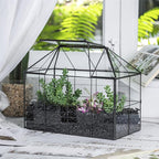 NCYP Glass Terrarium Planter with Lid for Small Succulent Plants, Grid House Shape Black Geometric Terrarium Pot, Home Garden Indoor Tabletop Decor, 9.84" x 5.31" x 7.87" (No Plants)