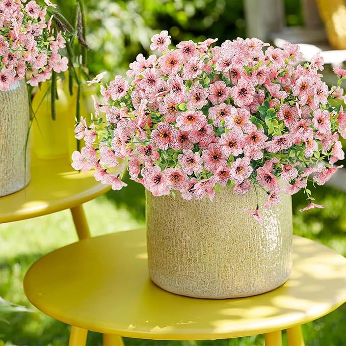 ATTGREAT Artificial Flowers Outdoor Faux Plants UV Resistant Fake Patio Flowers Plastic Greenery Plnats Outside Bulk for Spring Garden Hanging Planter Home Vase Decor, 24 Bundles (Pink)