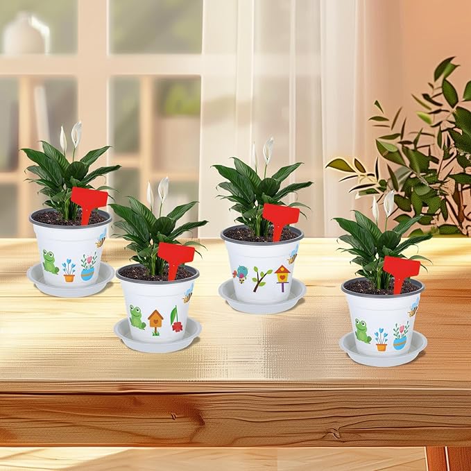 Garden Flower Pot Craft Kit, 48 Paintable Durable Resin Garden Pot with Tray Drainage Holes Adhesive Stickers and Plant Labels, Flower Plant Craft for Classroom Home DIY Flower Planting