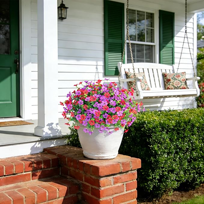 Ammyoo Artificial Fake Plants Flowers for Outdoor Spring Summer Decor, 12 Bundles Faux Silk Daisy for Planter Pot Colorful UV Resistant Look Real for Front Door Porch Patio Outside Yard(Purple Red)