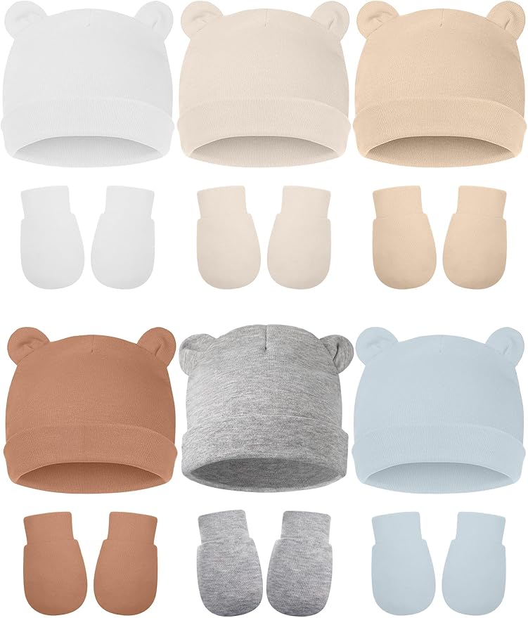 Geyoga 12 Pieces Newborn Hat Mittens Gloves Set Baby Boys Girls Cotton Baby Beanie for 0-12 Months