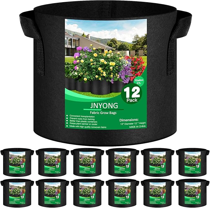 JNYONG 12-Pack 7 Gallon Thickened Non-Woven Grow Bags, Aeration Fabric Pots with Handles