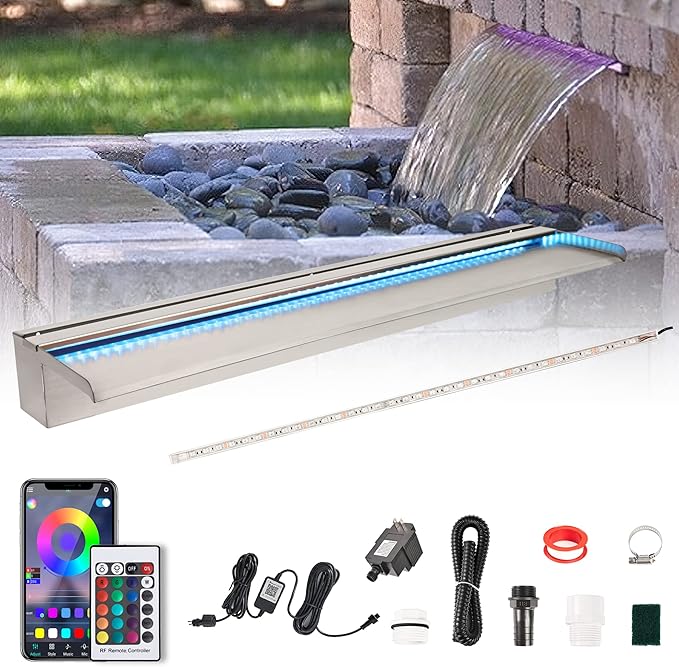 PONDO Pool Waterfall 36" APP with 16 Colors LED Lights, Stainless Steel Pond Fountain Set for Outdoor Decorations, Patio Waterfall Spillway Kit on the Wall for Garden, Easy Installation