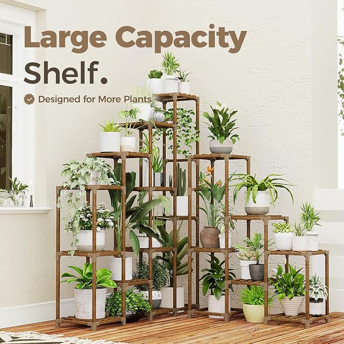 Bamworld Plant Shelf Indoor Large Plant Shelf Tall Flower Stands 16 Pots Outdoor Plant Rack for Garden Balcony Patio Window Living Room Corner Wood
