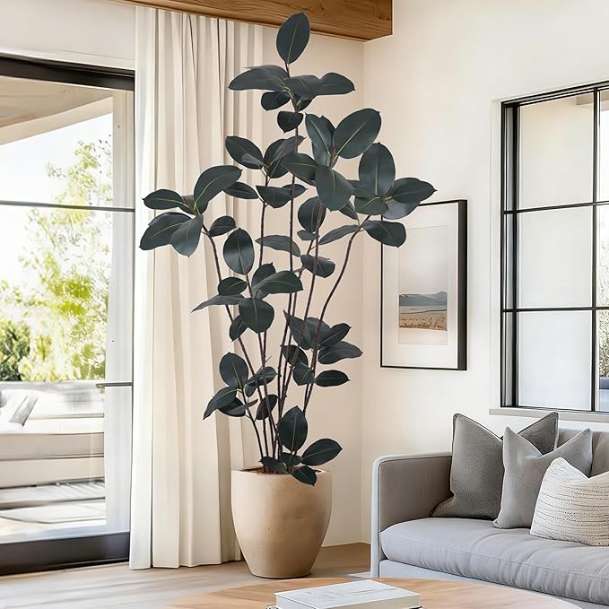Artificial Rubber Tree 7.2FT(86in) Tall Faux Trees with Realistic Leaves, Fake Rubber Floor Potted Artificial Plants for Home Office Living Room Indoor Outdoor Decor (7.2feet,1Pack)
