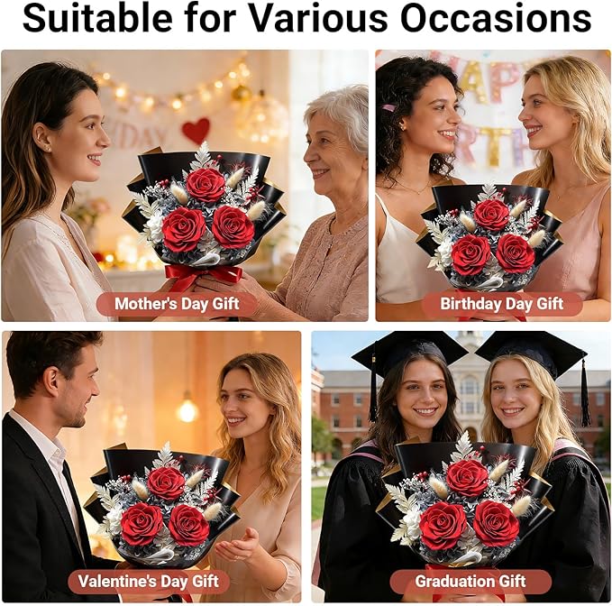 Preserved Flowers Bouquet, Flowers for Delivery,Handmade Red Rose Bouquets Lasting 3-5 Years, Luxury Gift Box,Birthday Flowers Gifts for Women Mom Grandma Wife Friends