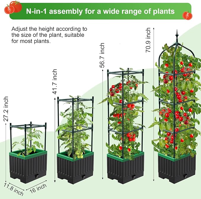 Raised Garden Bed Planter Boxes with Trellis,1pcs 70.9" Self-Watering Tomato Planter Boxes with Trellis for Climbing Vegetables Plants Flowers Tomato,Use for Indoor Outdoor (Black)