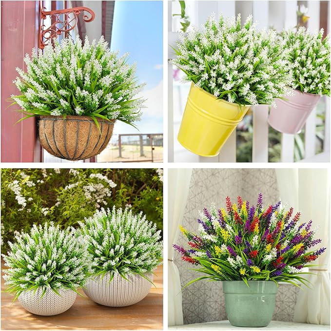 Bassion 24 Bundles Artificial Flowers for Outdoors, Fake Lavender Flowers with Monkey Grass UV Resistant Plastic Faux Plants for Outside Hanging Planter Window Box Garden Patio Front Porch Home Decor