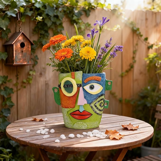 Abstract Face Planter Pot, Hand-Painted Resin Flower Pot with Top Opening for Planting, Decorative Planter for Indoor Plants, Art Accent Flowerpot Decor