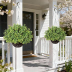 2PCS Artificial Boxwood Plants with Hanging Basket - Fake Aglaia Odorata Hanging Planters Faux Greenery UV Resistant Eucalyptus Leaves for Front Porch Patio Garden Farmhouse Home Decor (Green)