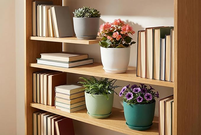 8 Inch Plant Pots Set of 4, Plastic Planters with Drainage Holes and Tray, Flower Pots for Indoor Outdoor Plants and Flowers (Multicolor)
