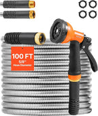 VEVOR Garden Hose Metal 100FT – Heavy Duty Stainless Steel Water Hose, Flexible, No Kink & Tangle, Puncture Resistant & Rust Proof, Lightweight w/ 10-Function Spray Nozzle for Yard, Outdoor, Gardening