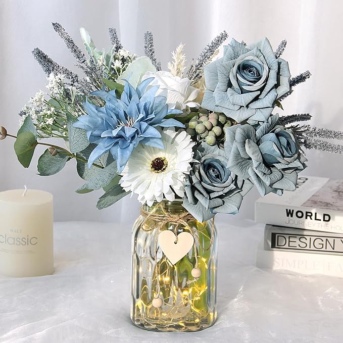 Artificial Flowers in Vase, Faux Flowers with Vase, Dusty Blue Rose Faux Dahlia Fake Peony Silk Hydrangea Eucalyptus Willow Plants Wildflowers Arrangements for Table Centerpiece Farmhouse Decor