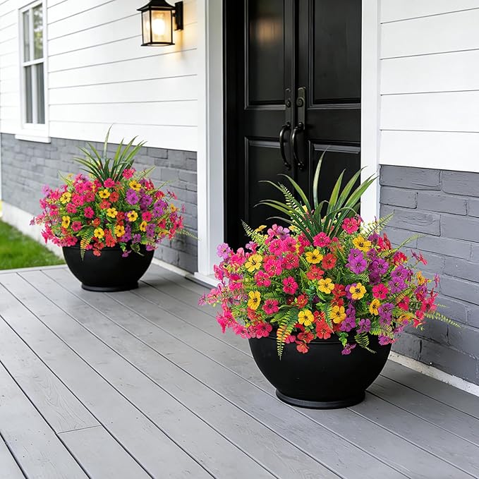 INXUGAO Artificial Fake Flowers Plants for Outdoor Spring Summer Decor, 12 Bundles Faux Silk Flowers for Outdoor Outside Planter Colorful Daisy UV Resistant Look Real for Front Door Porch Patio Yard
