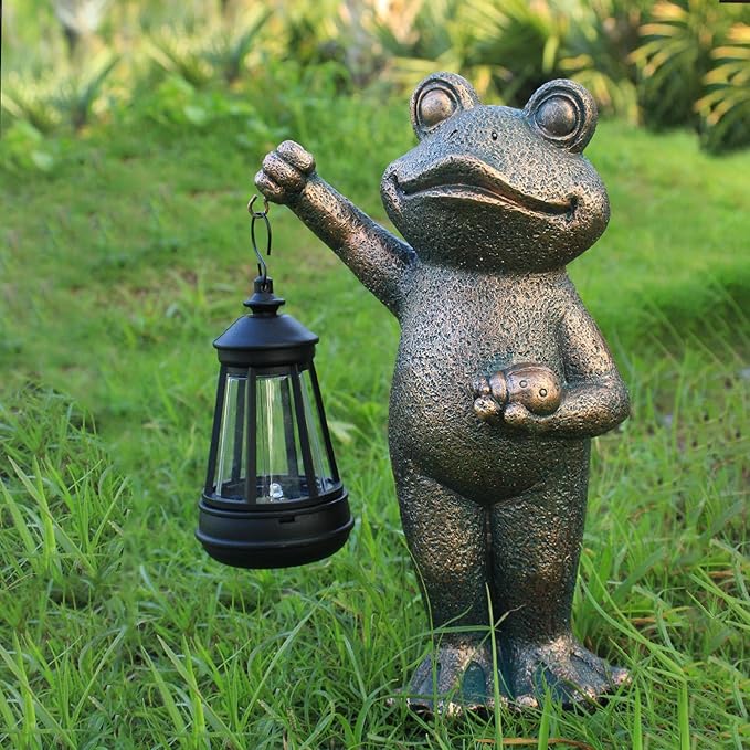 Garden Frog Statue Gifts Outdoor Fairy Garden Accessories Outdoor Lights Solar Garden Frog Decor Art Housewarming Gift for Patio,Yard,Lawn Ornament
