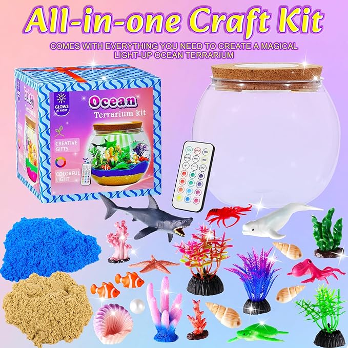 Hannstar Ocean Light Up Terrarium Kit for Kids - Sea Animal Toys with LED Night Light Ocean Animal Birthday Gift for Boys & Girls Ages 4 5 6 7 8-12, Kids Arts & Crafts Kit Easter Ideal Gifts