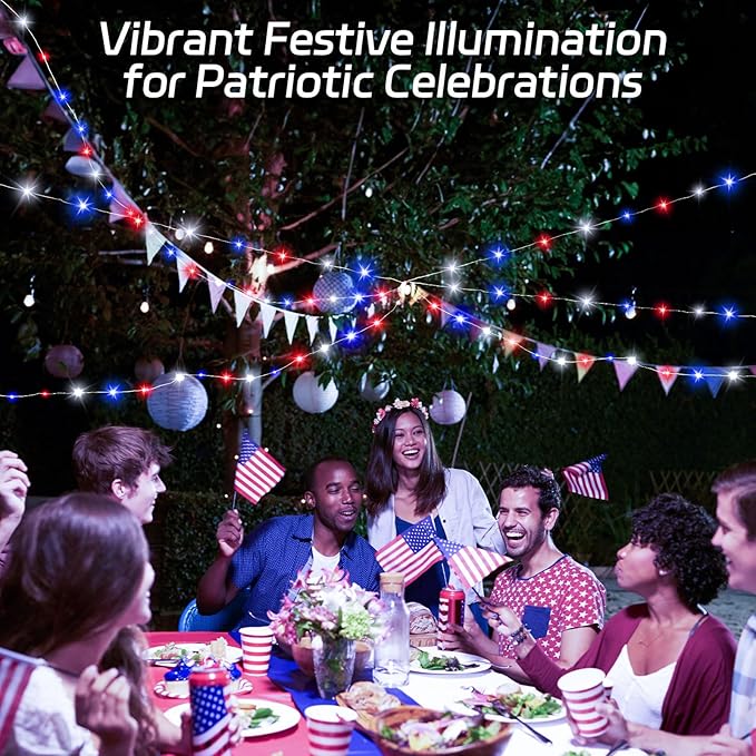 cshare Red White and Blue Solar Fairy Lights, 4th of July Lights Waterproof Outdoor 16.4ft 50LED 8 Modes Memory Function Independence Day Memorial Day Decorations