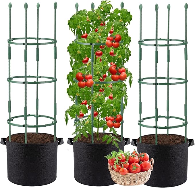 3 Sets Tomato Cages with 10-Gallon Sturdy Grow Bags, 48.5" Planter Support Trellis Pots Kit for Garden, Flowers Vegetable Cages for Cucumbers Eggplants Vertical Climbing Plants Vines