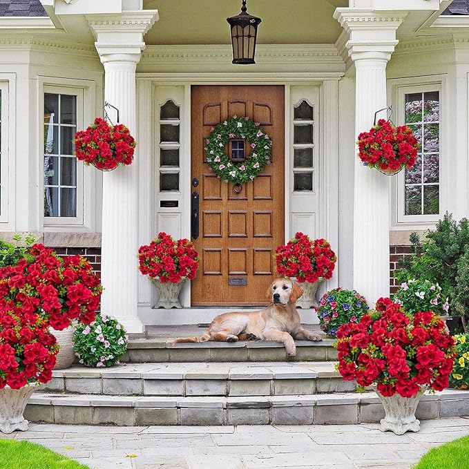 Artificial Geranium Flowers for Outdoor Decoration, 6 Bundles UV Resistant Silk Geranium Fake Plants Faux Flowers for Front Porch Garden Patio Window Box Outside Indoor Decor (Red)