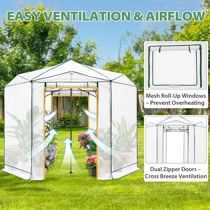 EAGLE PEAK 8.5x8.5 Portable Walk in Greenhouse, Pop Up Indoor Outdoor Greenhouse, Green House Kit with Zippered Roll-Up Doors and Windows, Hexagon Design, PE Cover, Clear/White